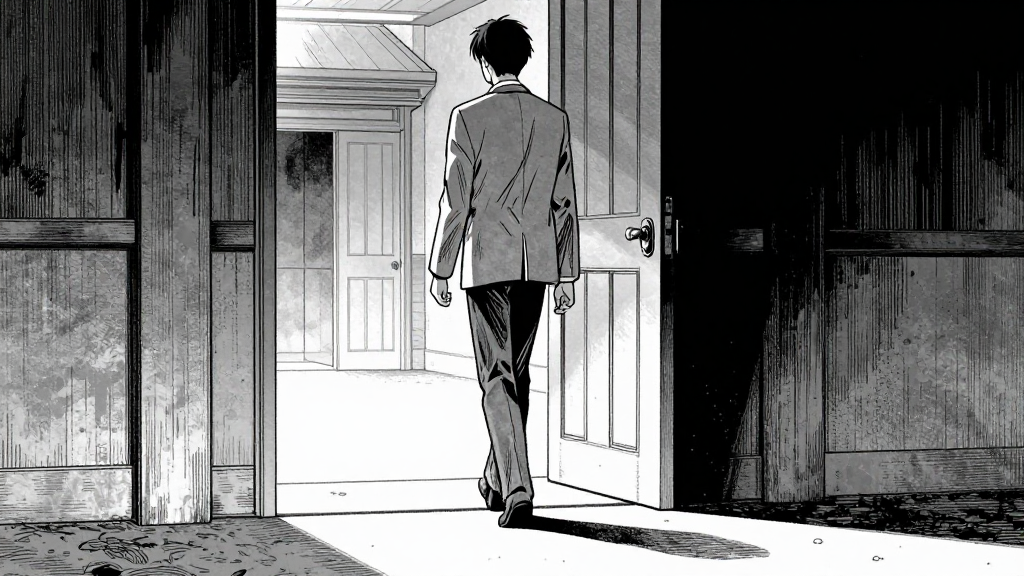 d'Éon walks slowly toward the chamber door, the light dimming behind them.