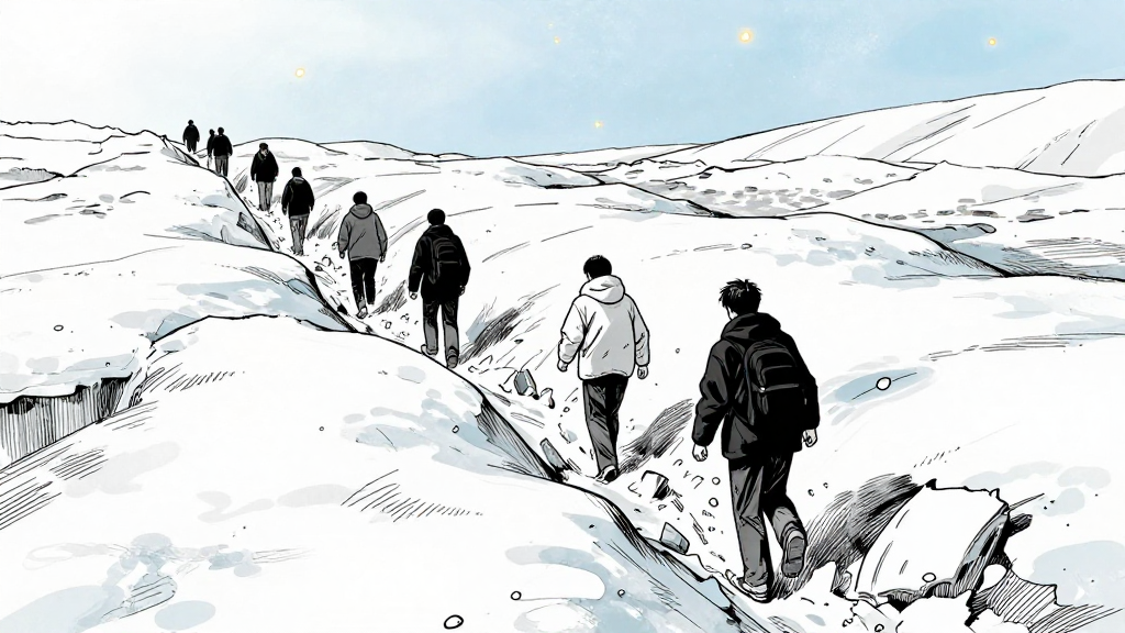 Team moves through pressure ridges, ice crunches underfoot.