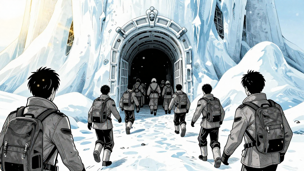 Team reaches frozen entrance of the Terror, ice groans around them.