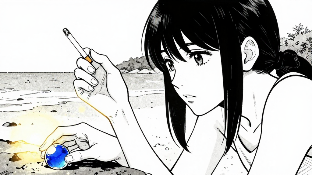 Kenji holds a cigarette, Yuki touches a warm blue sea glass on the shore.