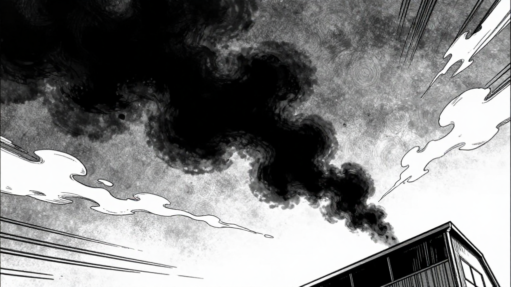 The black smoke plume rising and spreading across the sky.