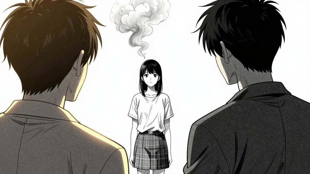 Kenji speaks to Yuki, who stands still, staring at the smoke plume.
