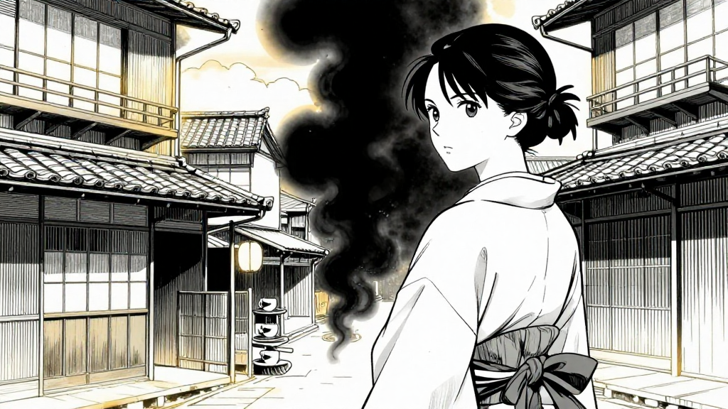 Yuki turns back toward the tea house, the black plume visible between Edo’s buildings.