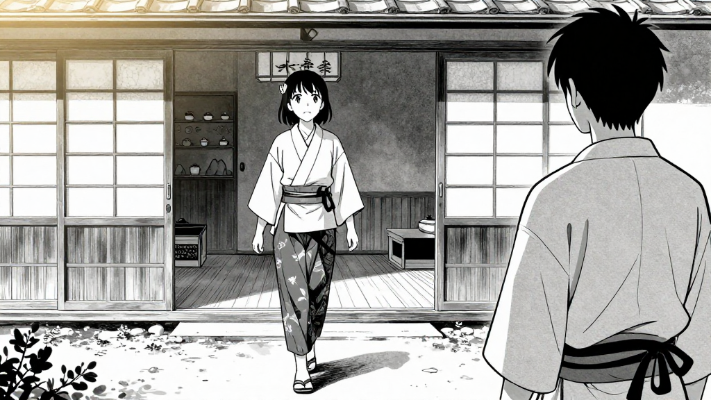 Yuki walks slowly toward the tea house, Kenji watching her from a distance.