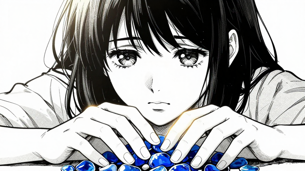 Yuki’s hands, touching the blue sea glass, expression of deep contemplation.