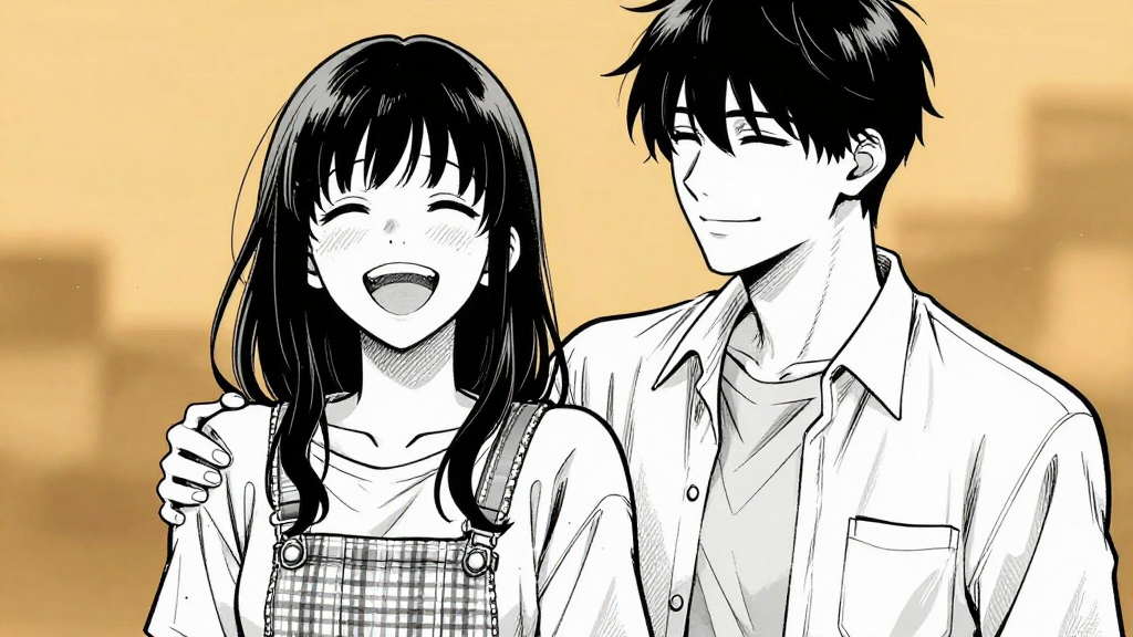 Aria stands with eyes closed, still laughing, as Kai smiles beside her.