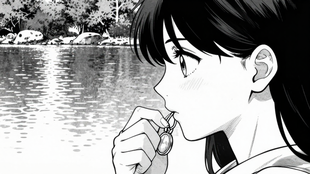 Maya touches her silver pendant, looking into the lake.