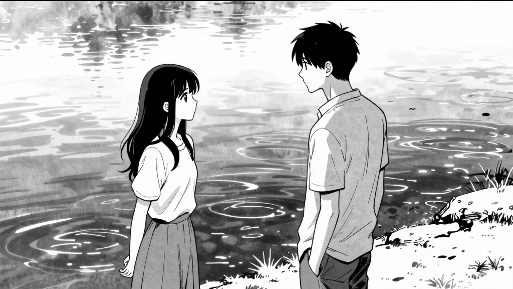 Maya stands at the lake’s edge, face of her father ripples in the water.