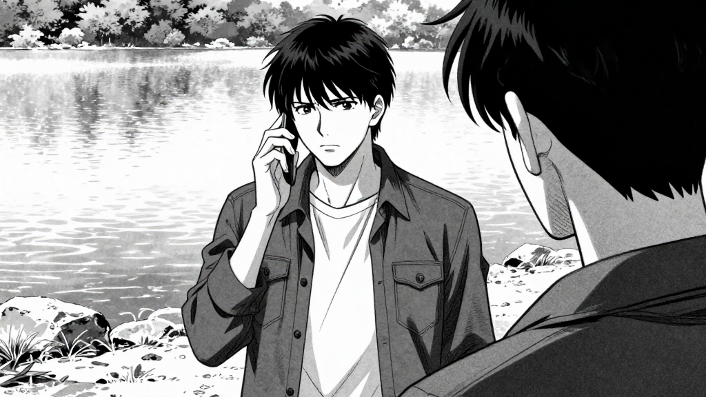 Vikram stands at the lake’s edge, phone in hand, expression conflicted.