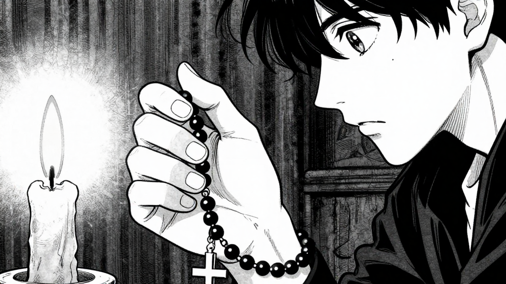Viktor’s hands, fingers tracing the rosary as he listens.