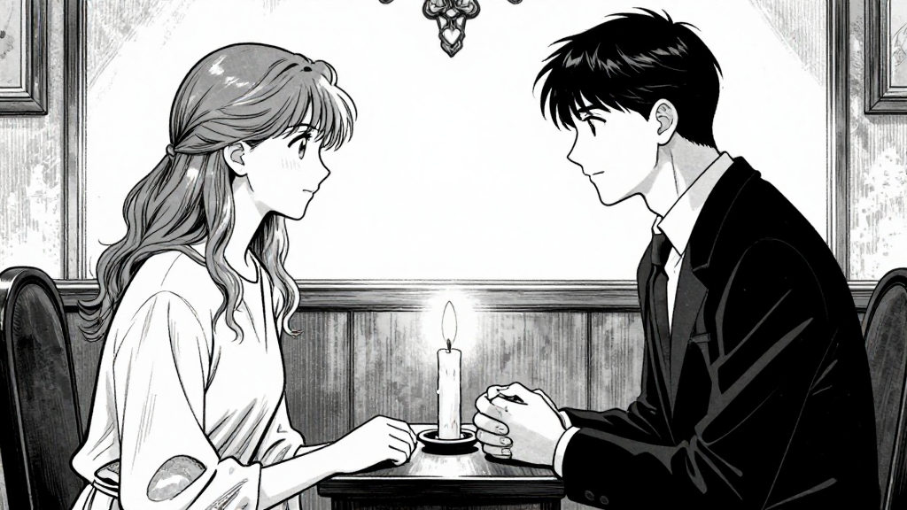 Elisabeth and Viktor in the confessional, candlelight between them.