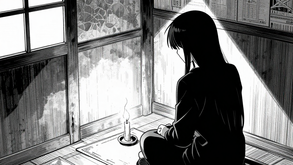 The confessional, candle burning low, dawn light seeping in.