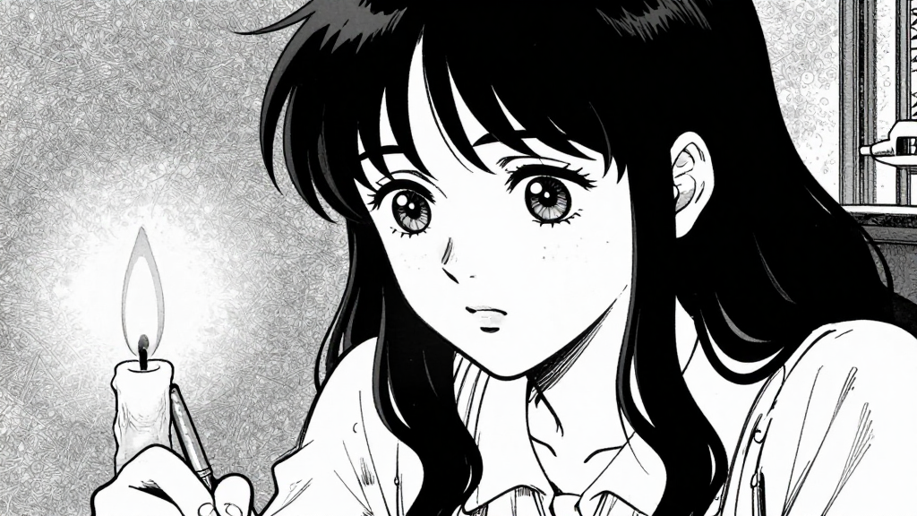 Elisabeth writing in the confessional, candlelight illuminating her face.