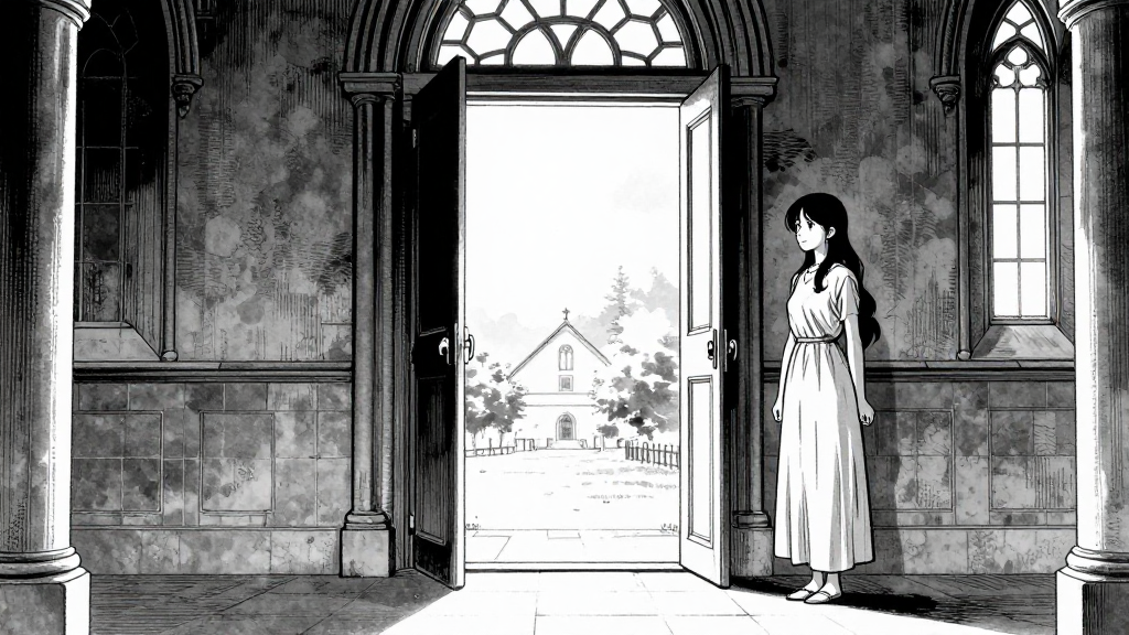 Dawn light fills the church, Elisabeth stands at the door, face illuminated.