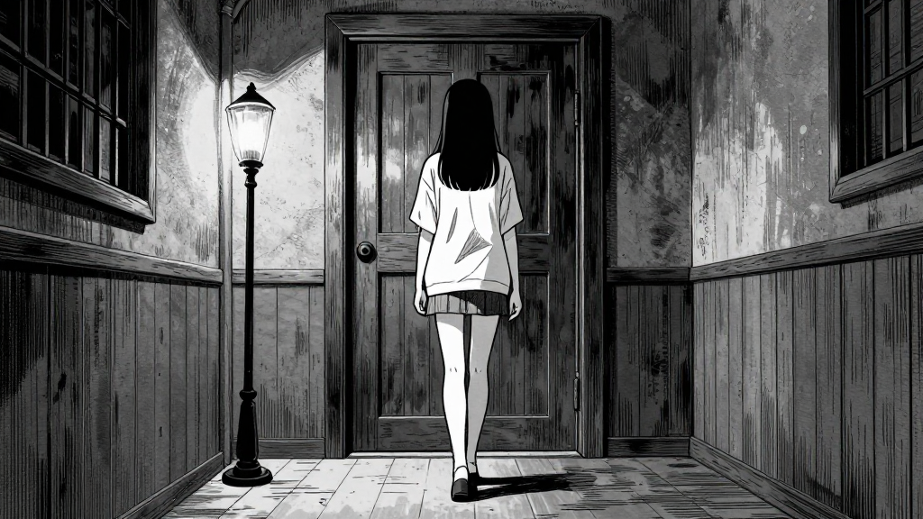 Katarina walks through a dark corridor toward a heavy wooden door.