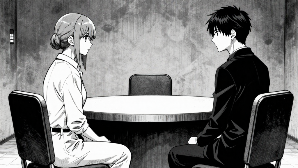 Katarina and Inquisitor Kraus sit across from each other in the interrogation room.