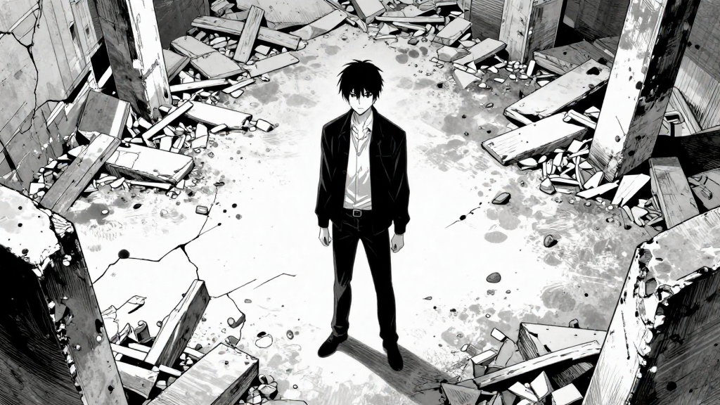 Kaelo stands amidst the ruins, transformed and complete.