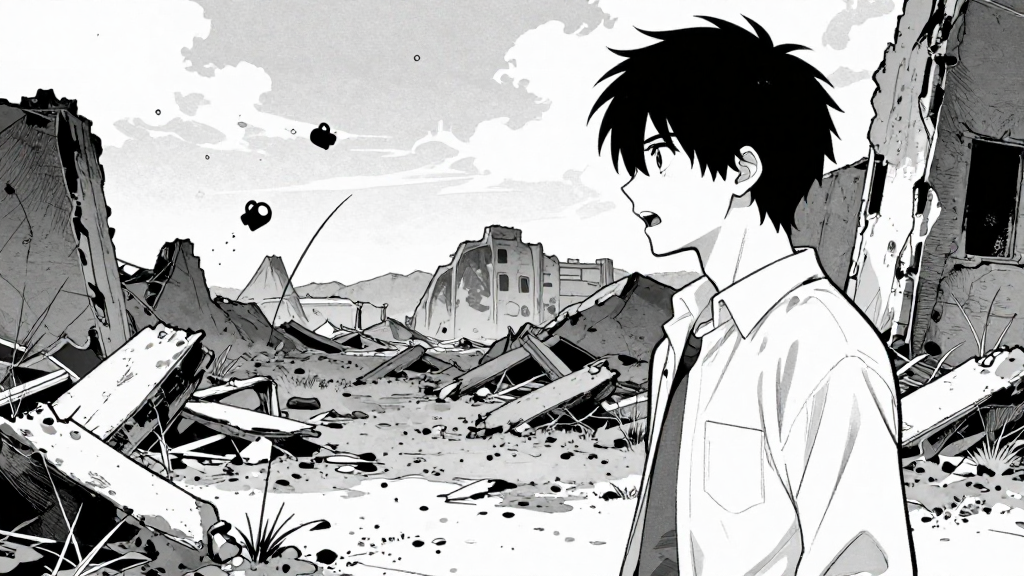 Kaelo stands in the ruins, alarms screaming in the distance.