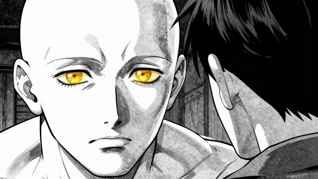 Elias looks at the automaton from his perspective, its golden eyes seeming to watch.