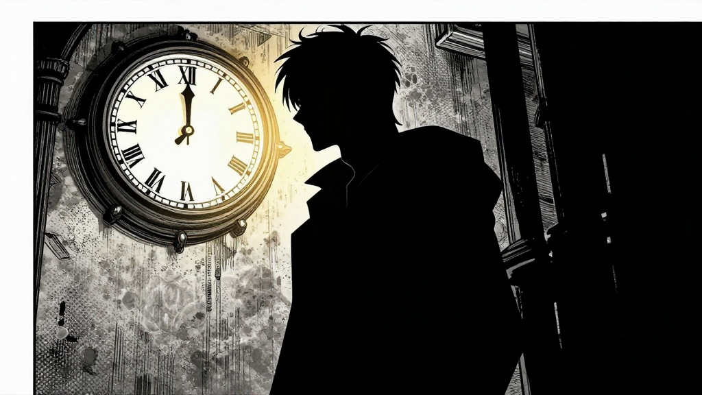 Blackwood emerges from the shadows, silhouetted by clocklight.