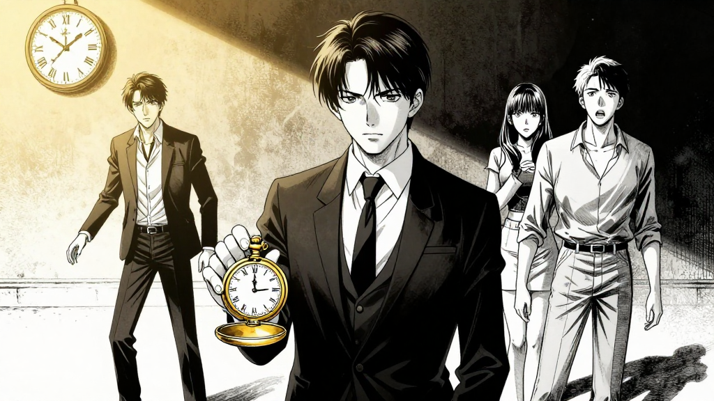 Blackwood steps forward, his gold pocket watch in hand, as Clara and Elias stand in shock.