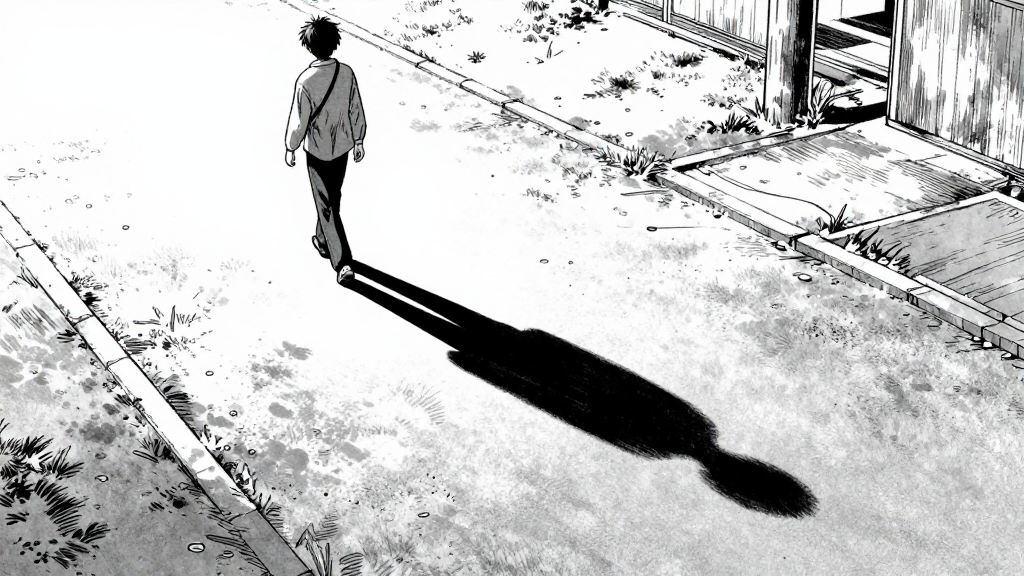 Kenshin’s shadow stretching across the path as he walks away.