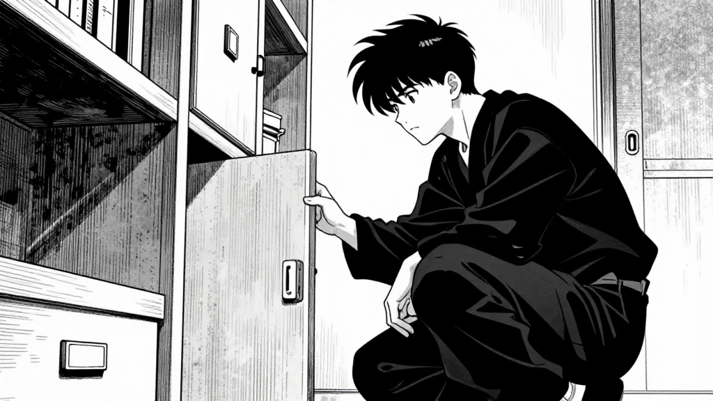 Kenshin crouching, inspecting the newly revealed compartment.