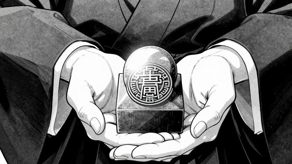 Kenshin’s hand holding the imperial seal, sunlight reflecting off its surface.