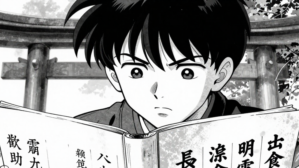 Kenshin’s eyes scanning ancient documents with furrowed brow.