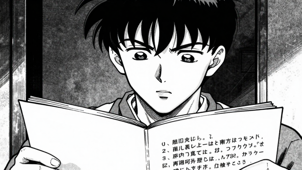 Kenshin’s face, tense with realization as he reads the documents.