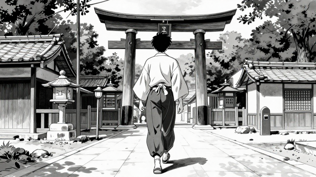Kenshin walking away from the shrine, back to the village.