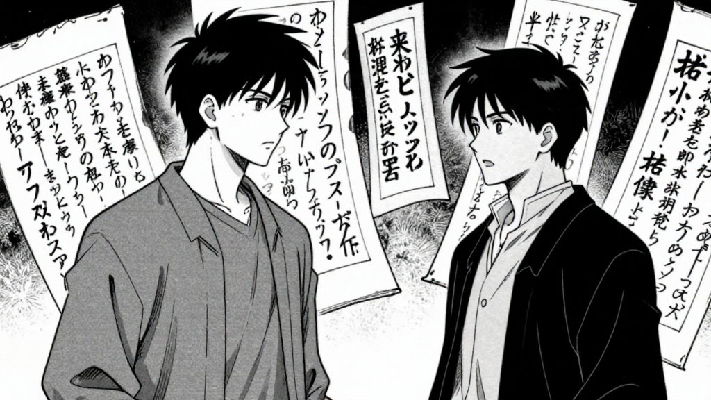 Lord Masanori and Kenji stand in dialogue. Ancestral scrolls loom in the background.