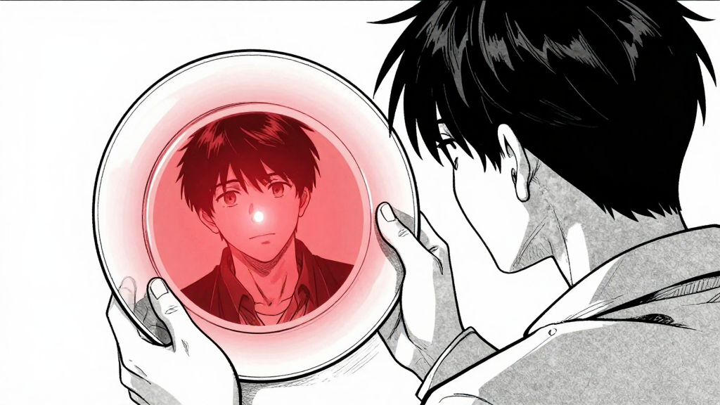 Kenjiro stares at the glass plate, the red light flickering as the image remains.