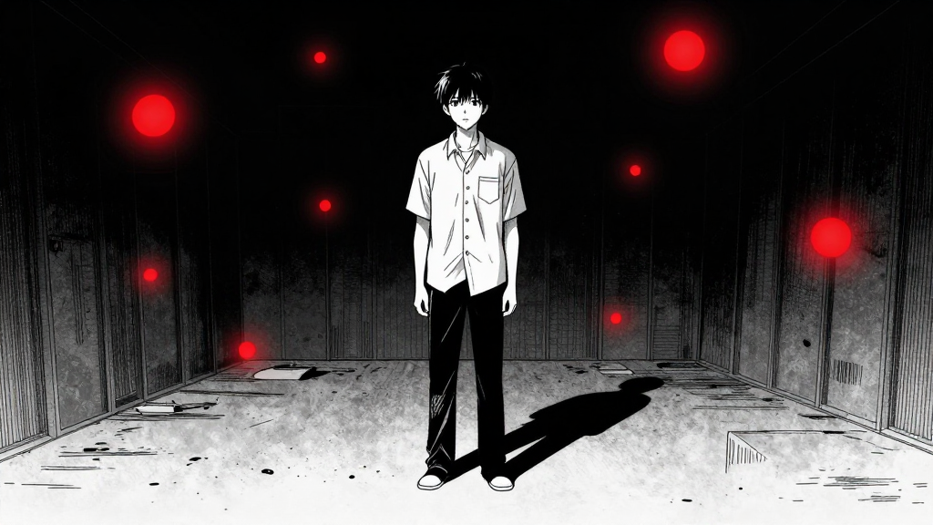 Kenjiro stands frozen in the darkroom, the red light flickering around him.