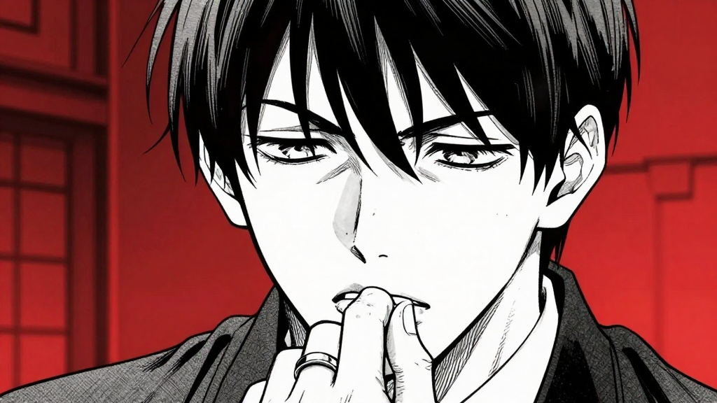 Kenjiro rubs his ring finger, staring at the image with a furrowed brow.