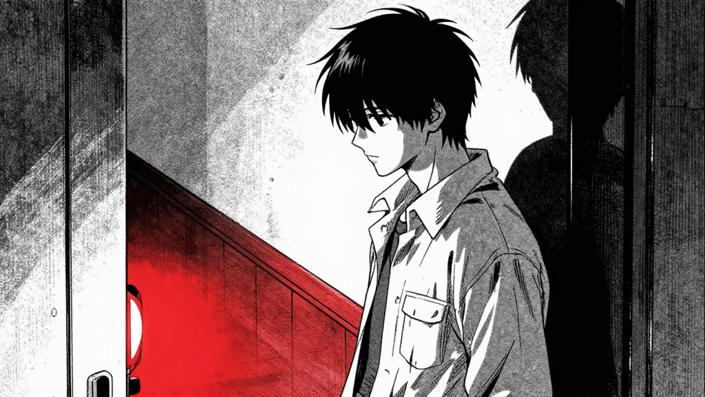 Kenjiro stares at the image, the red light casting long shadows around him.