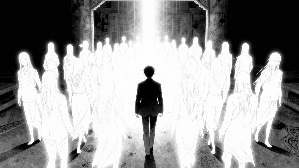 A sea of glowing spirits rises as Choi leads Min-jun toward the threshold.