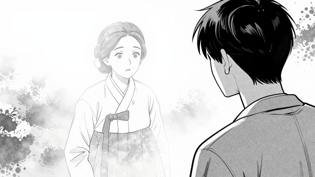 Min-jun turns to see Grandmother Choi’s translucent form emerging from the mist.