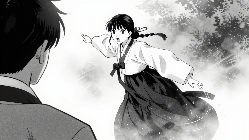 Choi turns toward the mist, her hanbok flowing like water as she commands Min-jun.