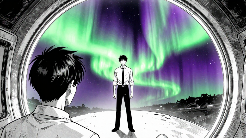 Auroras ripple across the Cupola window. Chen stands in the center.