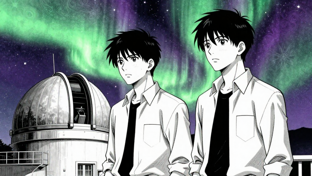 Chen and Webb in the Cupola Observatory. Auroras swirl with fractal patterns.