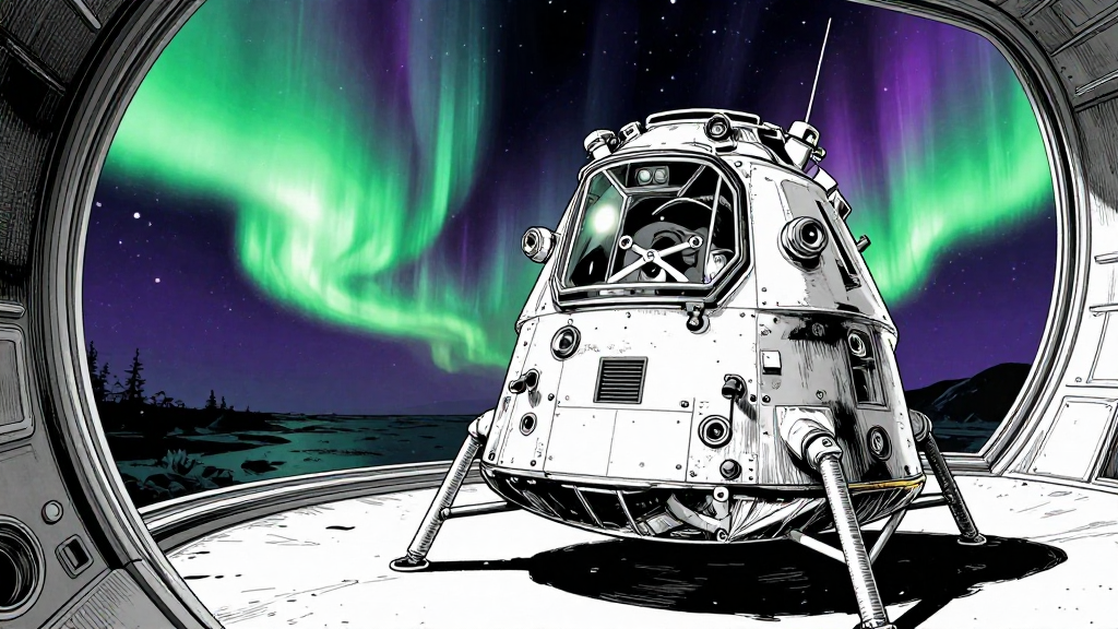 ISS Command Module. Auroras ripple across the Cupola window, unnatural and deliberate.