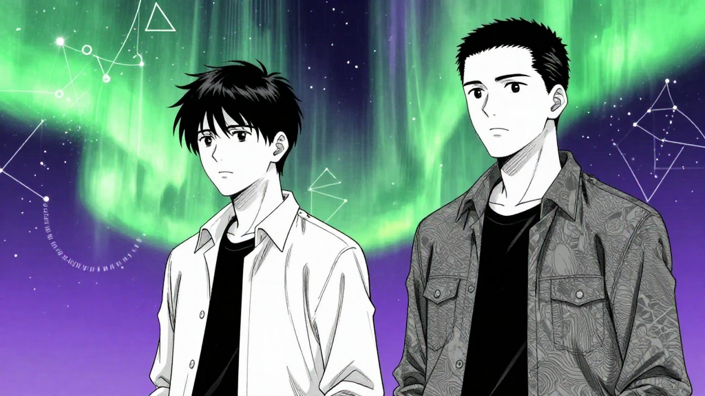 Chen and Webb in the Cupola. Auroras swirl with mathematical symbols.