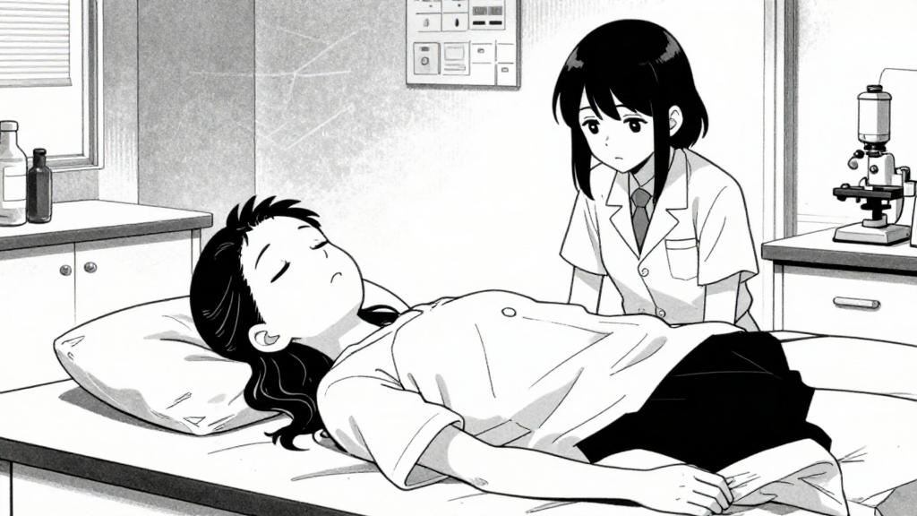 Elena lies in the lab, eyes closed, Margot beside her.