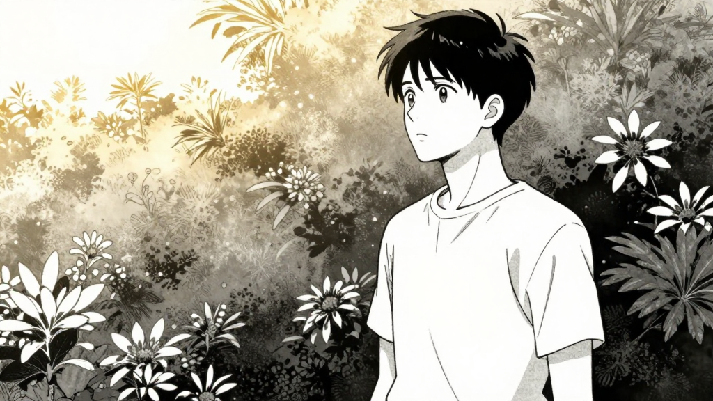 Pierre stands in the garden, looking at Elena with awe.