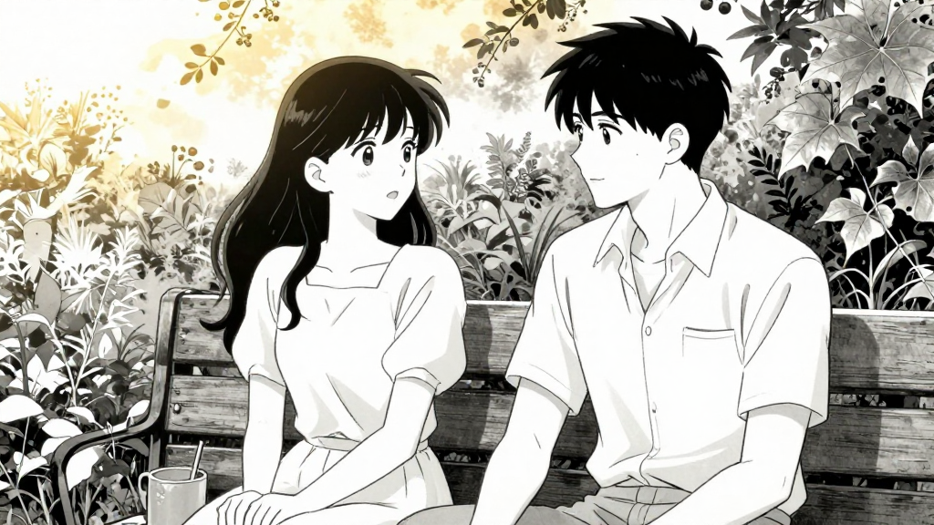 Elena and Pierre sit together, sharing a quiet moment in the garden.