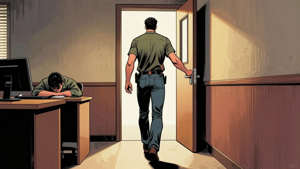 Marcus walking toward office door, back straight, hand reaching for handle. Sterling slumped at desk in background, defeated. The power dynamic completely reversed—prisoner freed, jailer trapped.