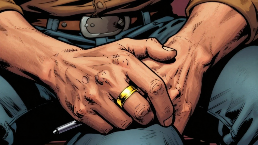 Marcus's hands in his lap—fingers interlaced, knuckles white with tension. Gold signet ring catches light. Hands perfectly still, refusing to reach for the pen.