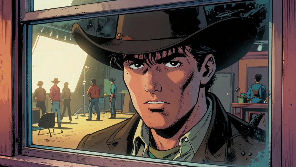 Window reflection showing Marcus's face overlaid with the studio lot below—his reflection transparent, seeing through himself to the truth beneath. Stages visible through his ghostly image.