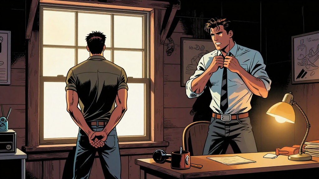 Full scene—Marcus standing at window with back to Sterling, hands clasped behind back. Sterling rising from desk, tie being straightened, body language shifting from confidence to concern.